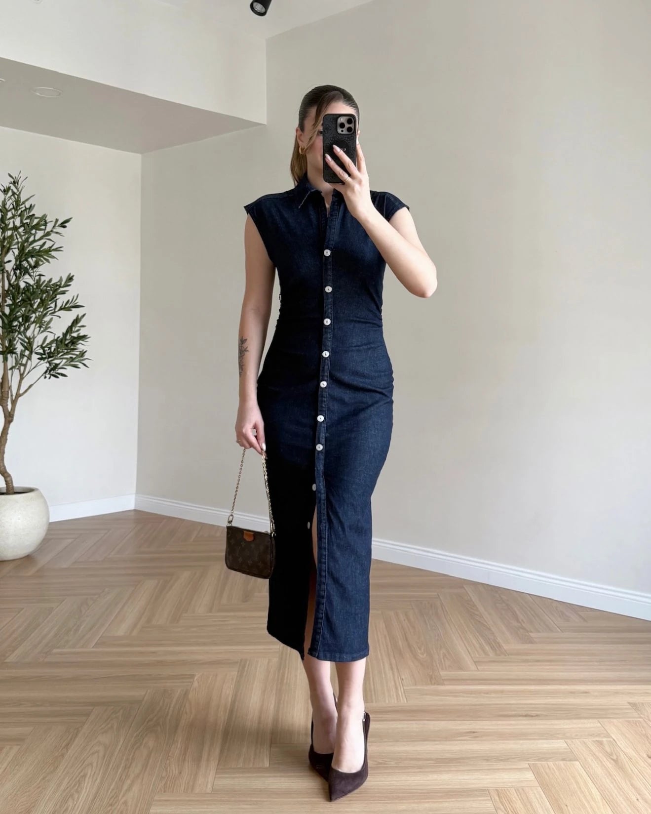 Drape Detay Likralı Denim Elbise - Koyu Mavi