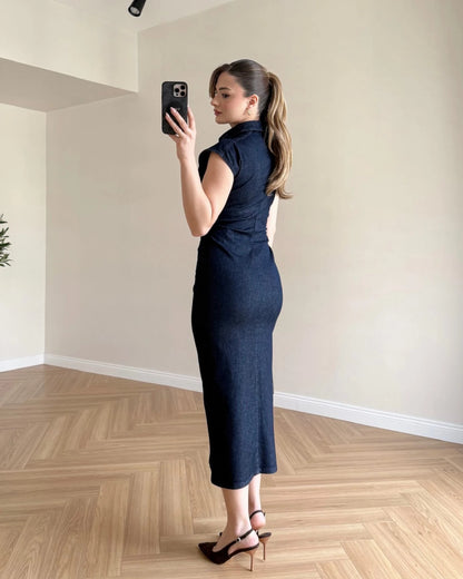 Drape Detay Likralı Denim Elbise - Koyu Mavi