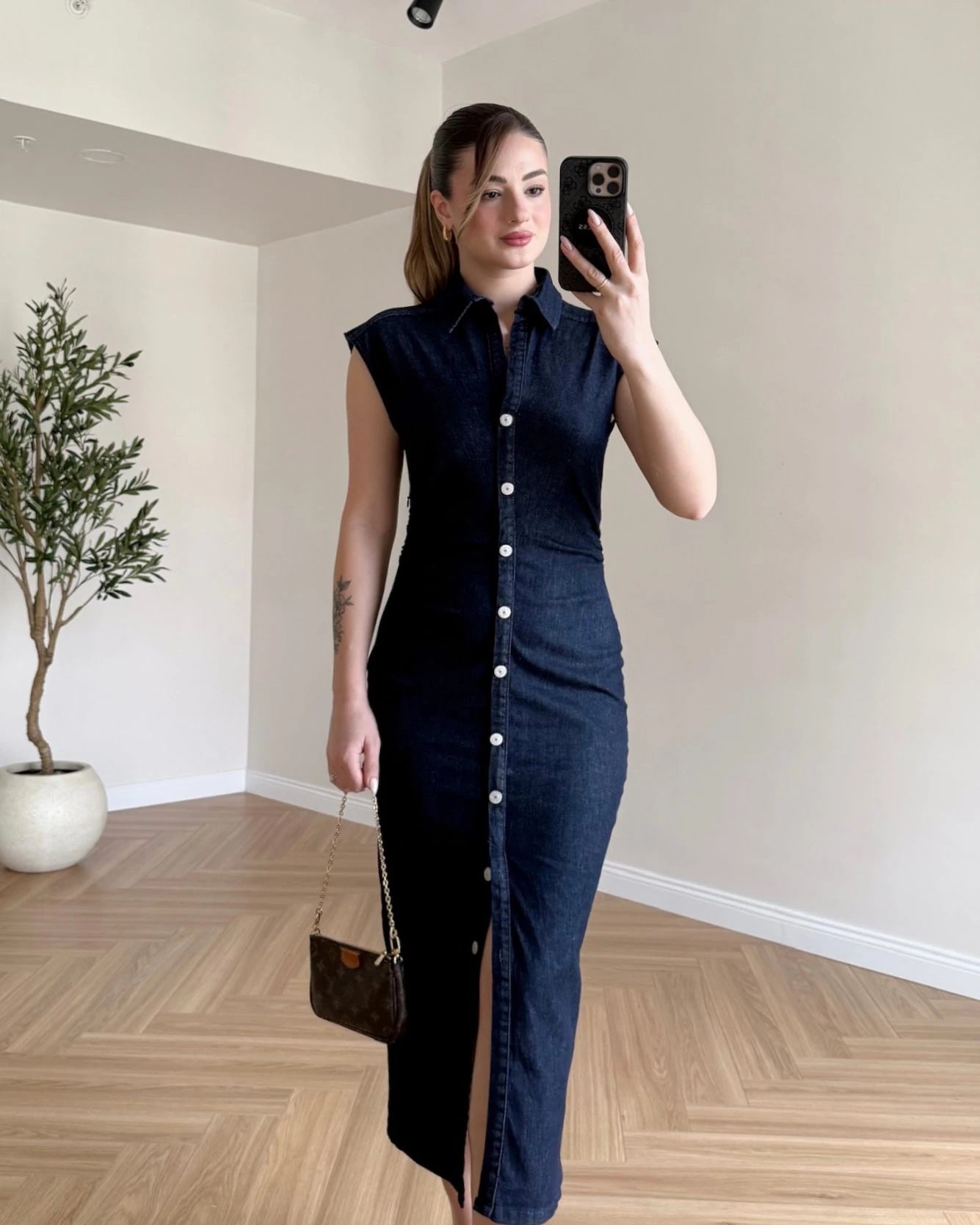 Drape Detay Likralı Denim Elbise - Koyu Mavi
