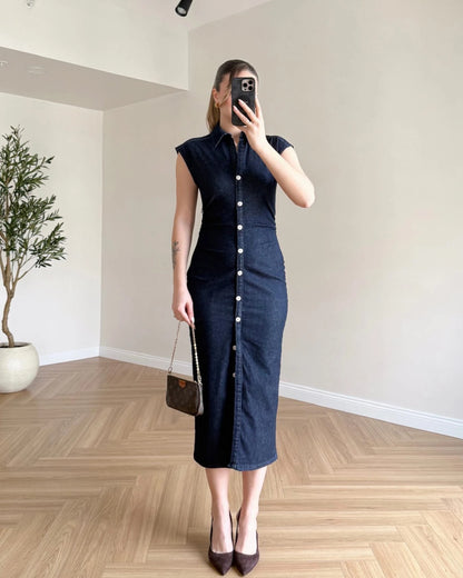 Drape Detay Likralı Denim Elbise - Koyu Mavi