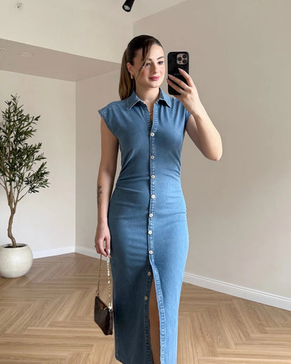 Drape Detay Likralı Denim Elbise - Açık Mavi