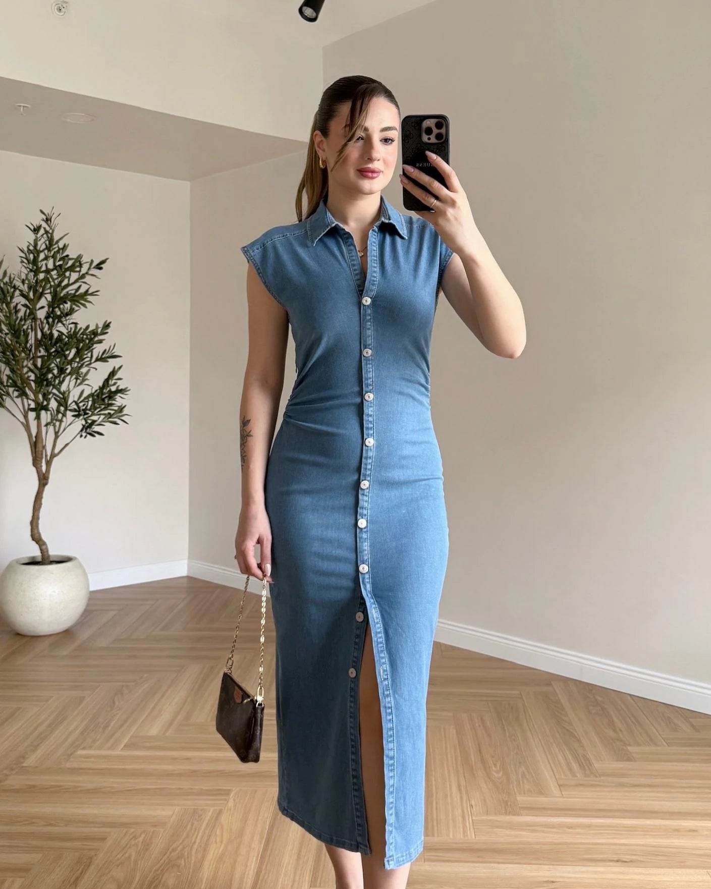 Drape Detay Likralı Denim Elbise - Açık Mavi