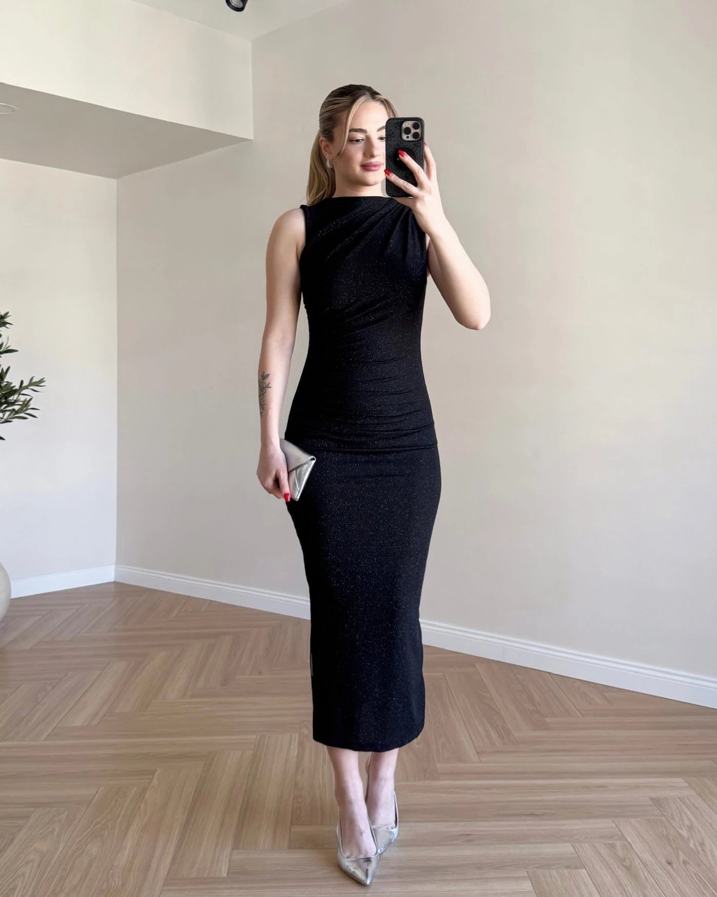 Drape Detay Simli Elbise - Siyah