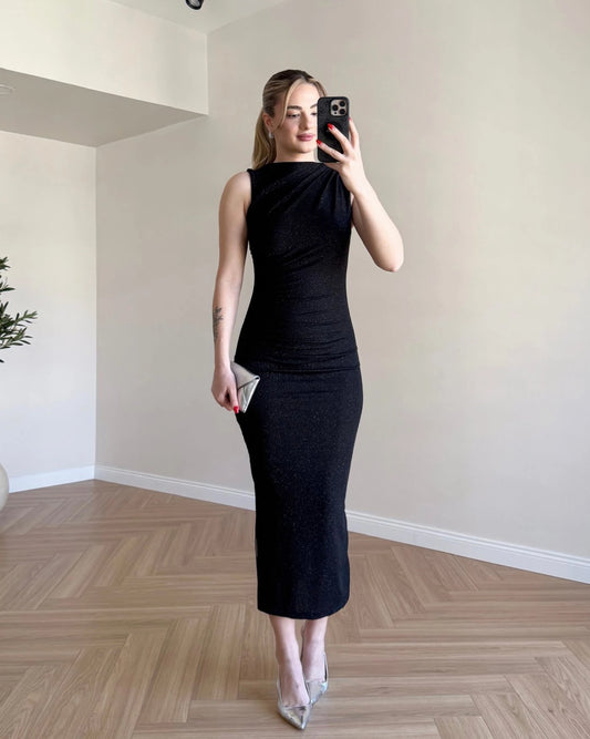 Drape Detay Simli Elbise - Siyah