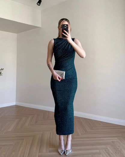Drape Detay Simli Elbise - Zümrüt