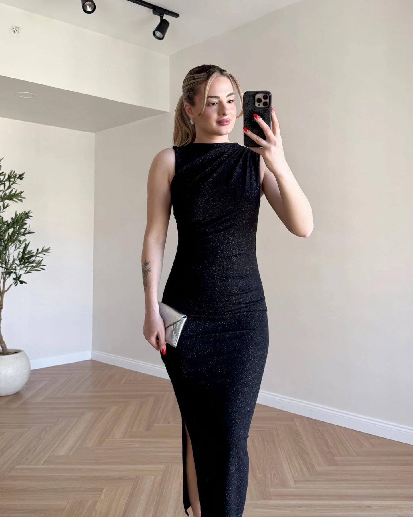 Drape Detay Simli Elbise - Siyah