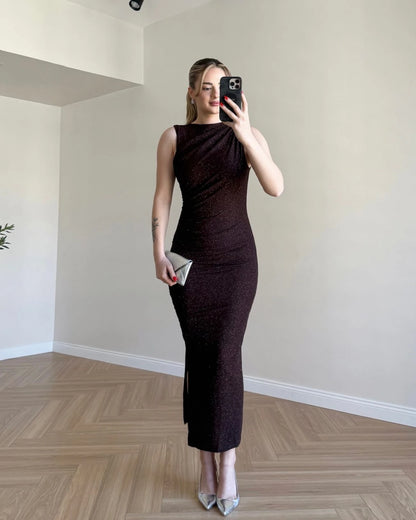 Drape Detay Simli Elbise - Kahve