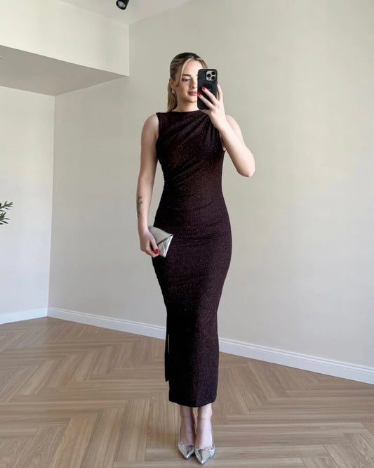 Drape Detay Simli Elbise - Kahve