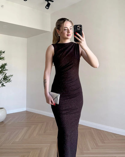 Drape Detay Simli Elbise - Kahve