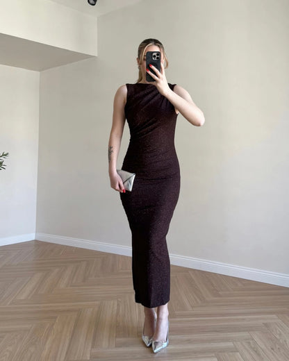 Drape Detay Simli Elbise - Kahve