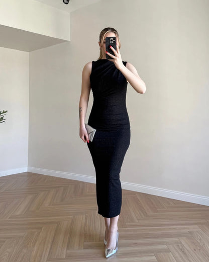 Drape Detay Simli Elbise - Siyah