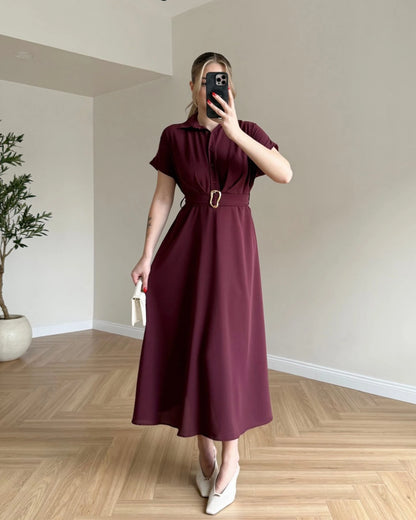 Düğme Detay Kemerli Midi Boy Elbise - Bordo