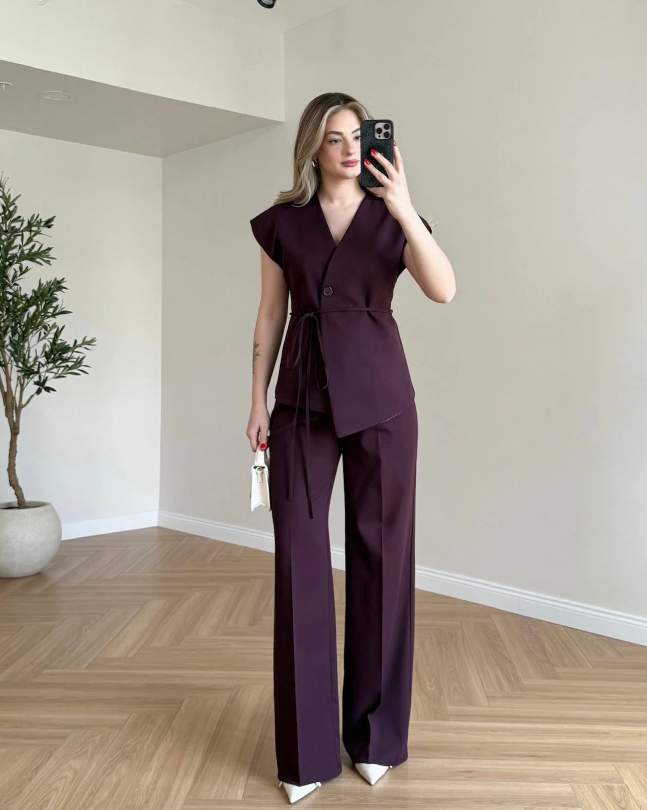 Düşük Omuz Yelek Pantolon Takım - Mürdüm