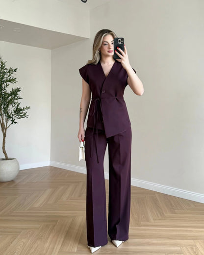 Düşük Omuz Yelek Pantolon Takım - Mürdüm