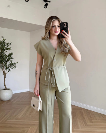 Düşük Omuz Yelek Pantolon Takım - Açık Yeşil