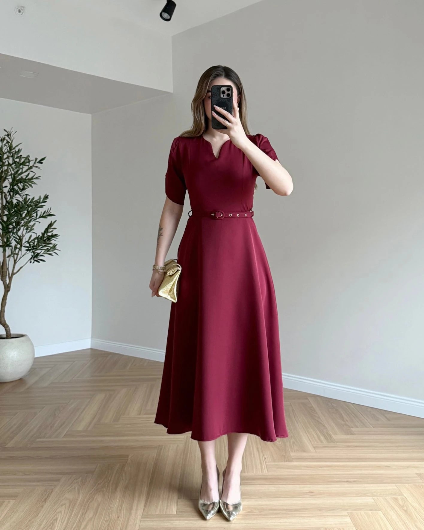 EMMA Kemerli Midi Boy Elbise - Bordo