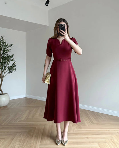 EMMA Kemerli Midi Boy Elbise - Bordo
