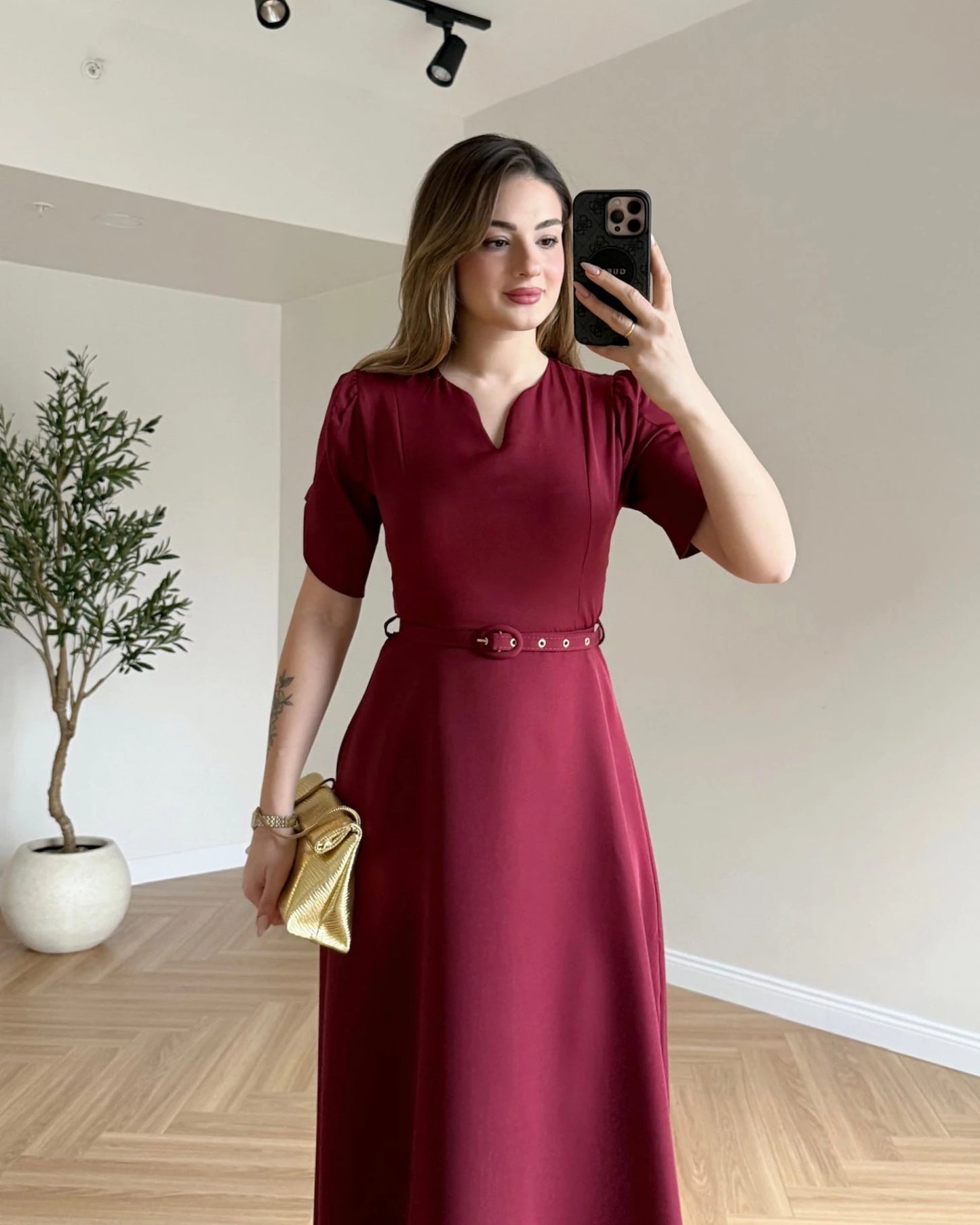EMMA Kemerli Midi Boy Elbise - Bordo