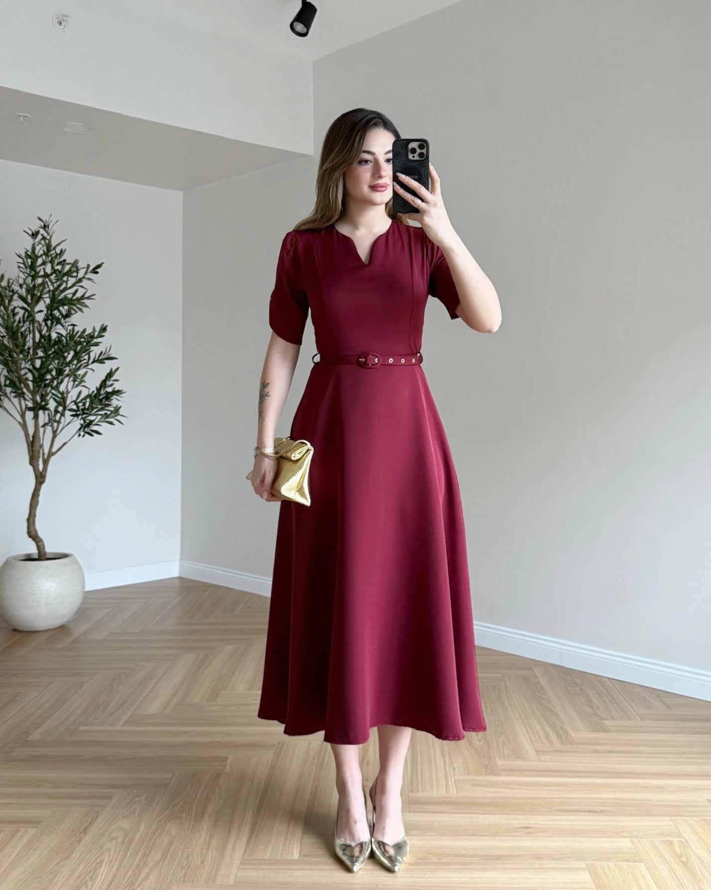 EMMA Kemerli Midi Boy Elbise - Bordo