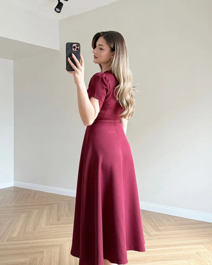 EMMA Kemerli Midi Boy Elbise - Bordo