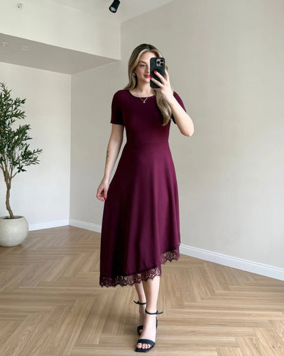 Eteği Asimetrik Dantelli Elbise - Bordo