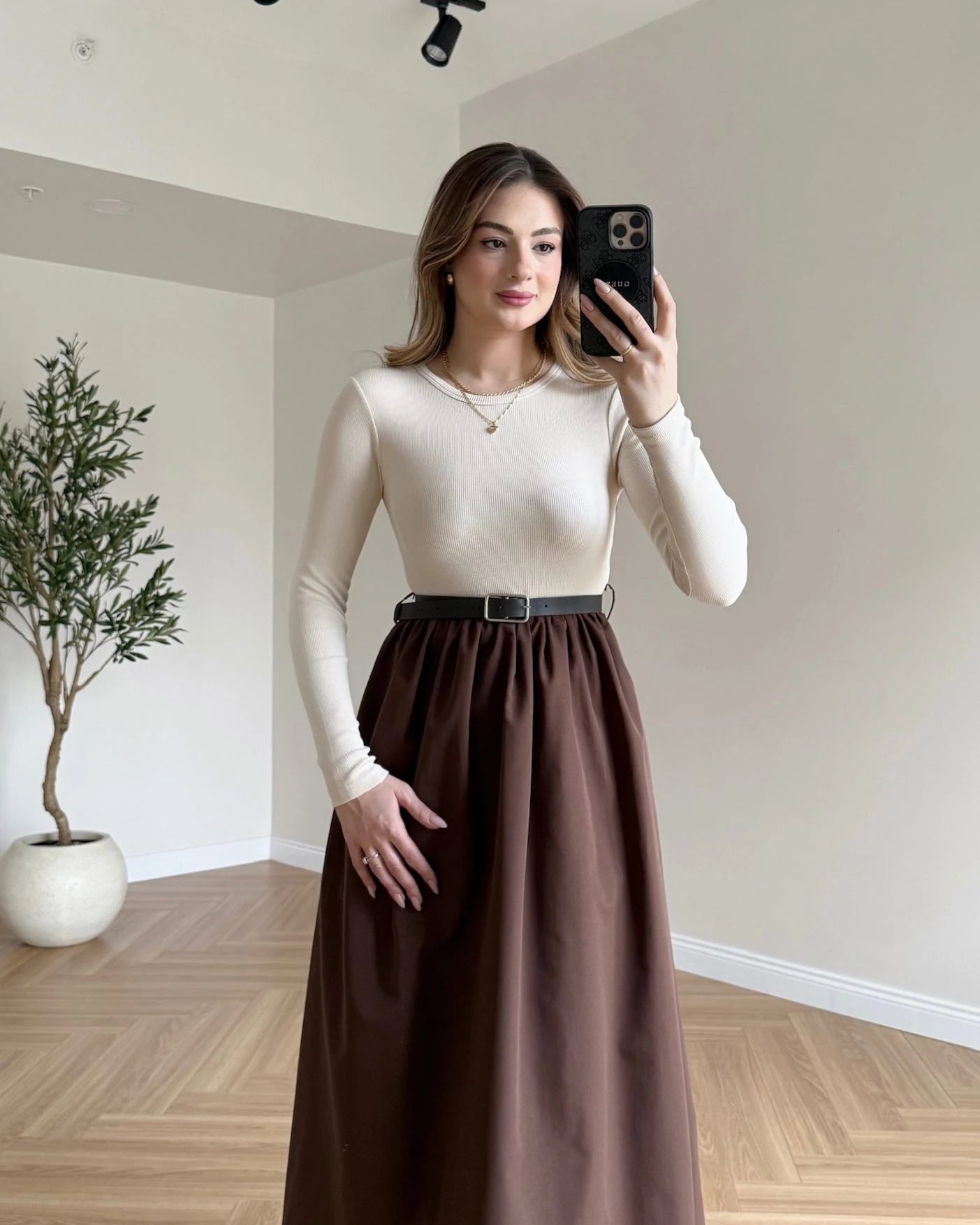 Eteği Poplin Kemerli Elbise - kahve-bej