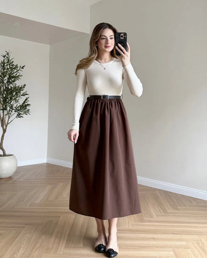 Eteği Poplin Kemerli Elbise - kahve-bej