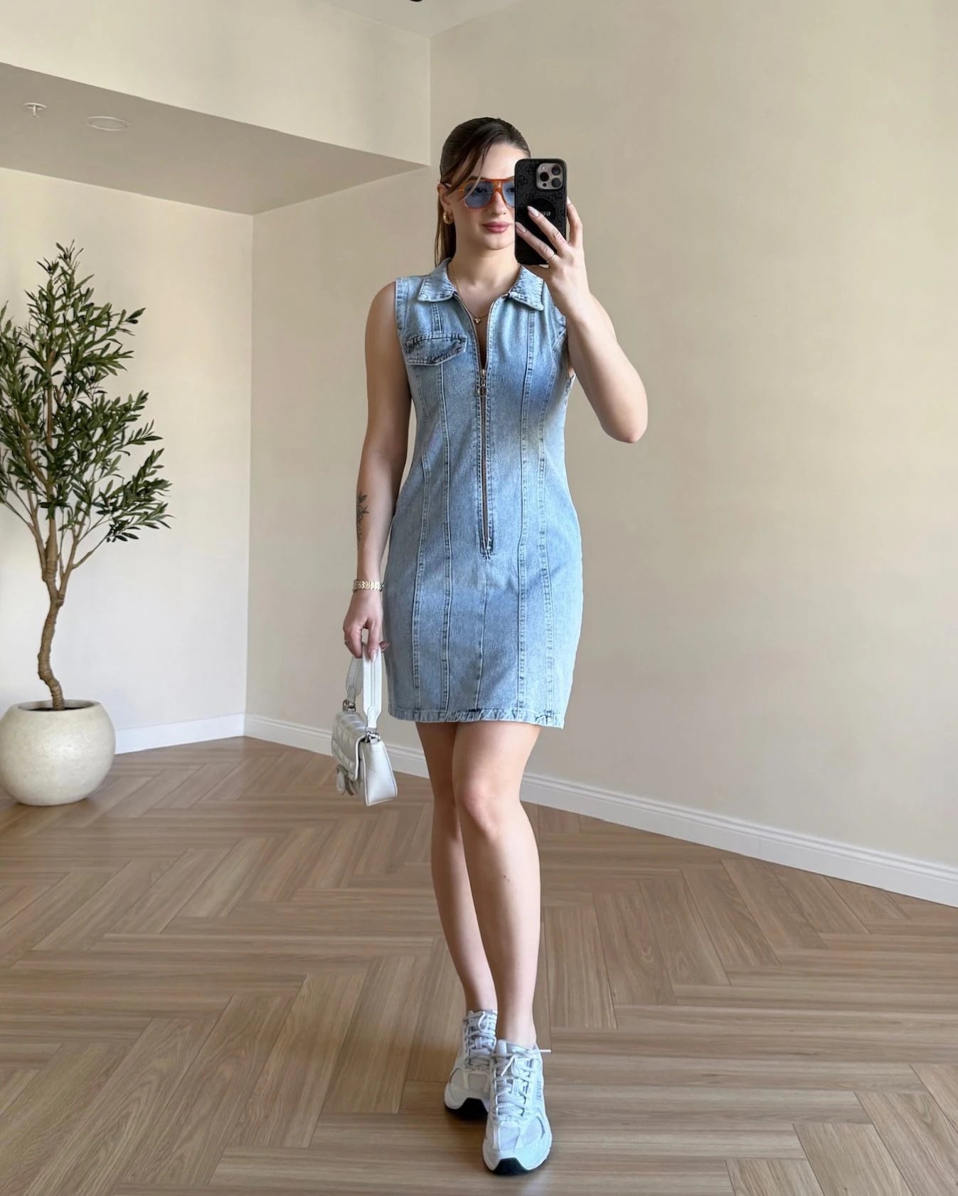 Fermuar Detaylı Mini Denim Elbise - Açık Mavi