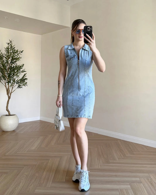 Fermuar Detaylı Mini Denim Elbise - Açık Mavi