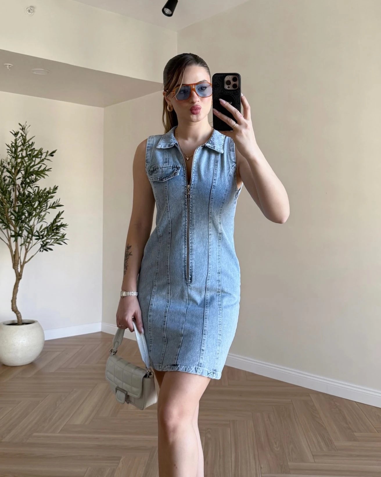Fermuar Detaylı Mini Denim Elbise - Açık Mavi