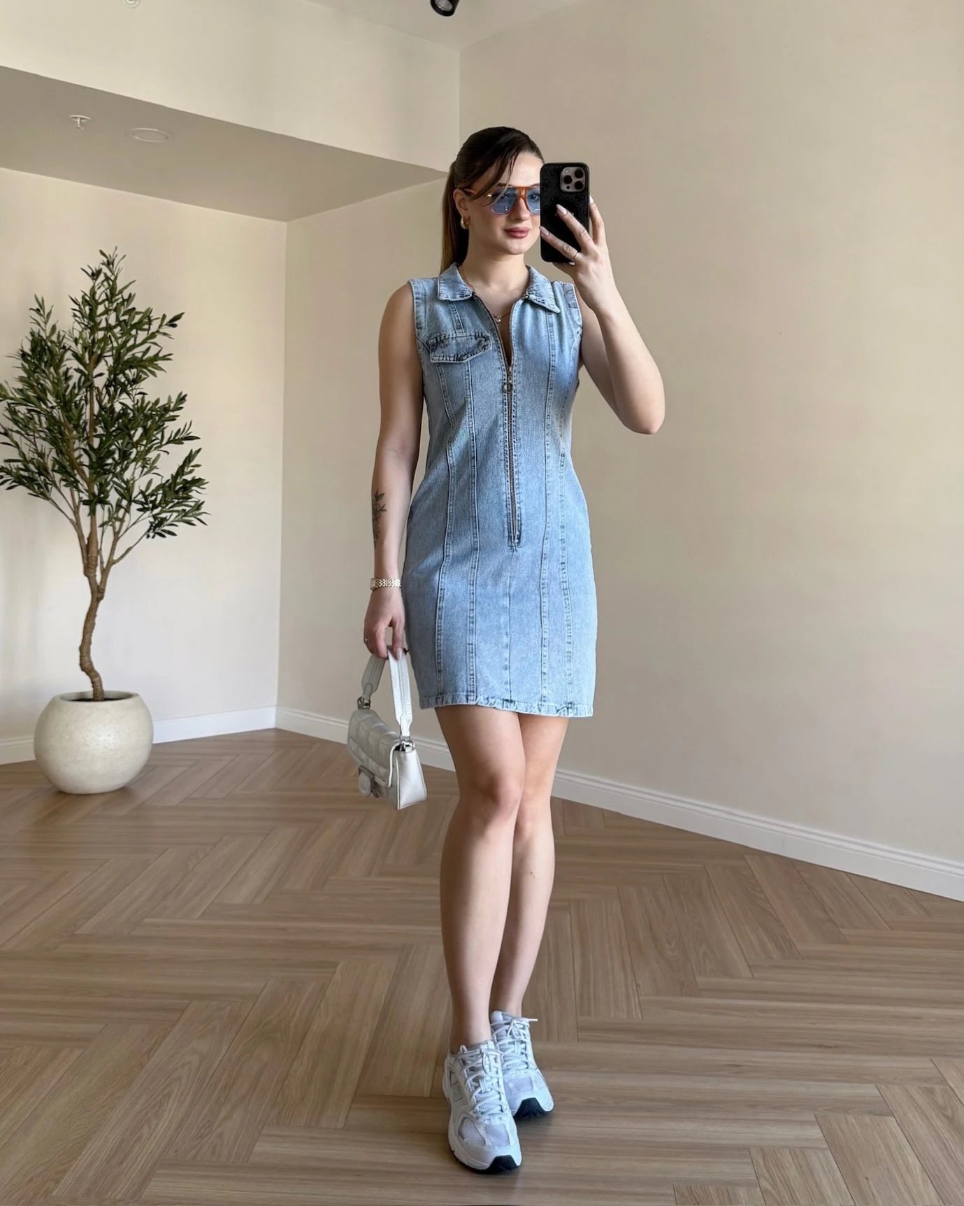 Fermuar Detaylı Mini Denim Elbise - Açık Mavi