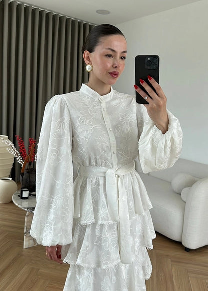 Çiçek Desenli Fırfırlı Elbise BEYAZ