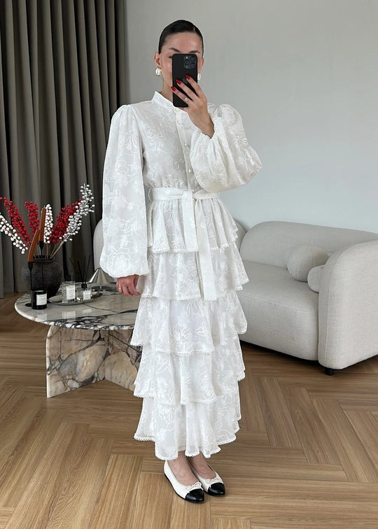 Çiçek Desenli Fırfırlı Elbise BEYAZ