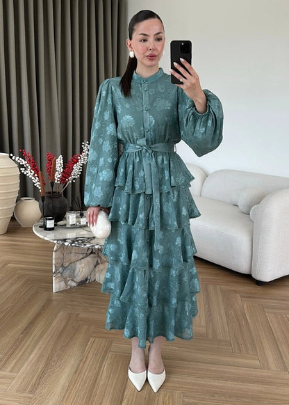Çiçek Desenli Fırfırlı Elbise MİNT YEŞİLİ
