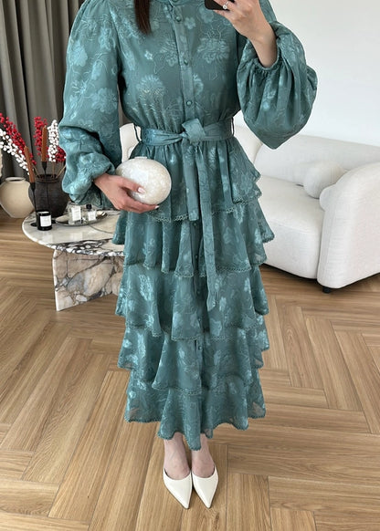 Çiçek Desenli Fırfırlı Elbise MİNT YEŞİLİ