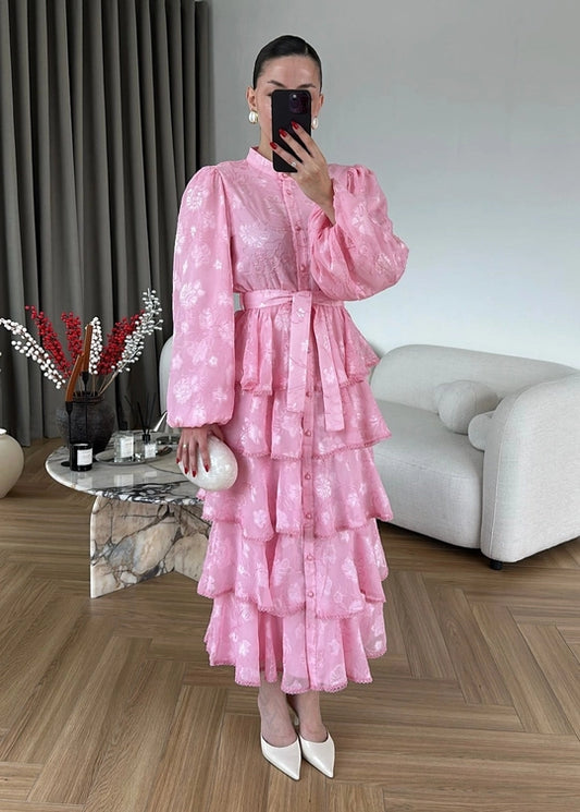 Çiçek Desenli Fırfırlı Elbise PEMBE