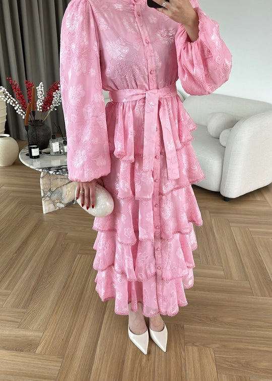 Çiçek Desenli Fırfırlı Elbise PEMBE