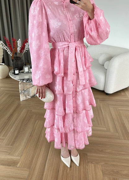 Çiçek Desenli Fırfırlı Elbise PEMBE