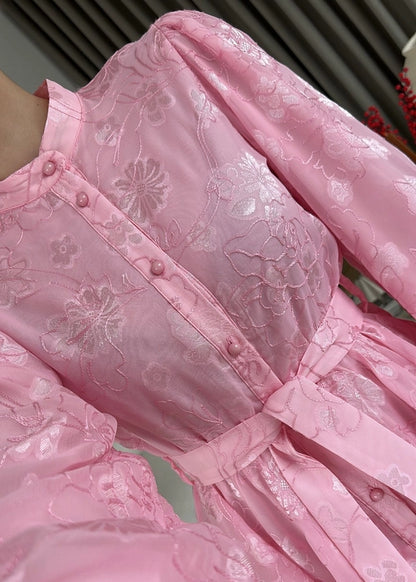Çiçek Desenli Fırfırlı Elbise PEMBE