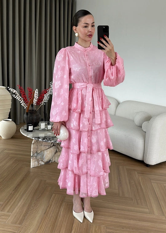 Çiçek Desenli Fırfırlı Elbise PEMBE