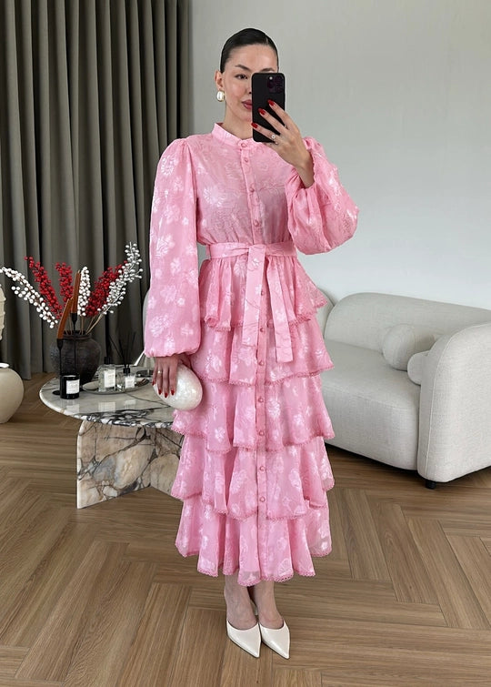 Çiçek Desenli Fırfırlı Elbise PEMBE
