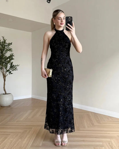 Flok Baskılı Parıltılı Halter Yaka Elbise Siyah