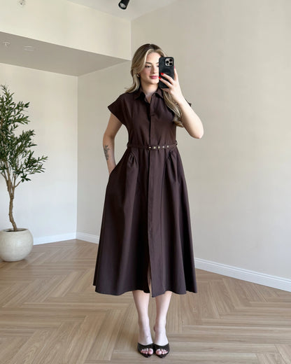 Gizli Düğmeli Kemerli Poplin Elbise - Kahve