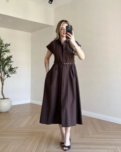 Gizli Düğmeli Kemerli Poplin Elbise - Kahve