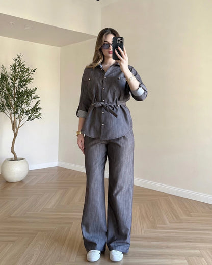 Gold Düğmeli Denim Takım - Kahve