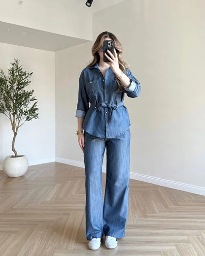 Gold Düğmeli Denim Takım - Mavi