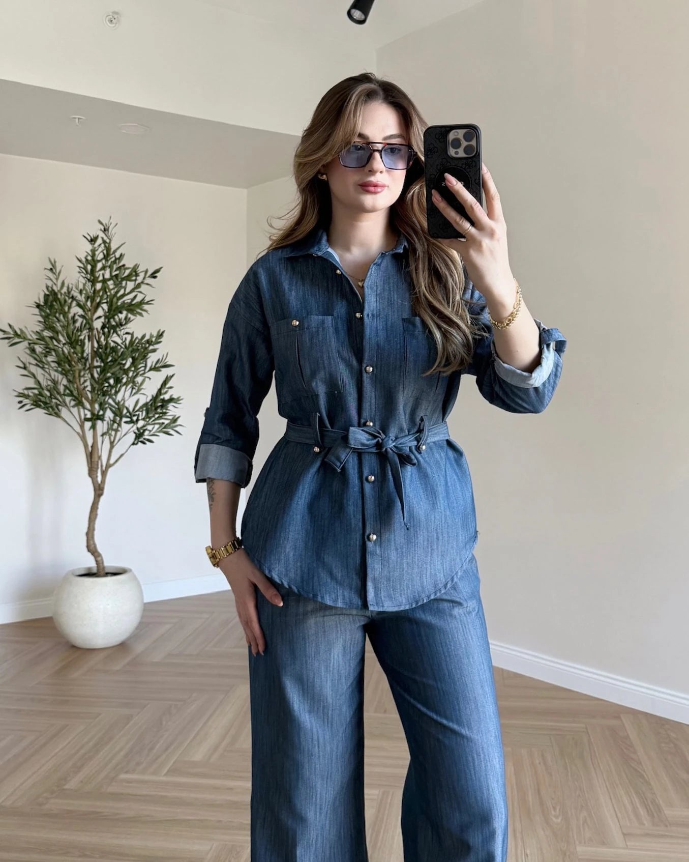 Gold Düğmeli Denim Takım - Mavi