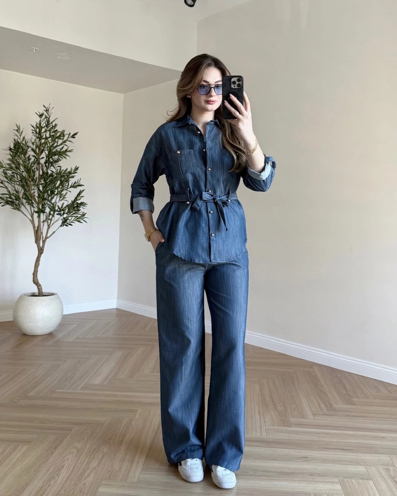 Gold Düğmeli Denim Takım - Mavi