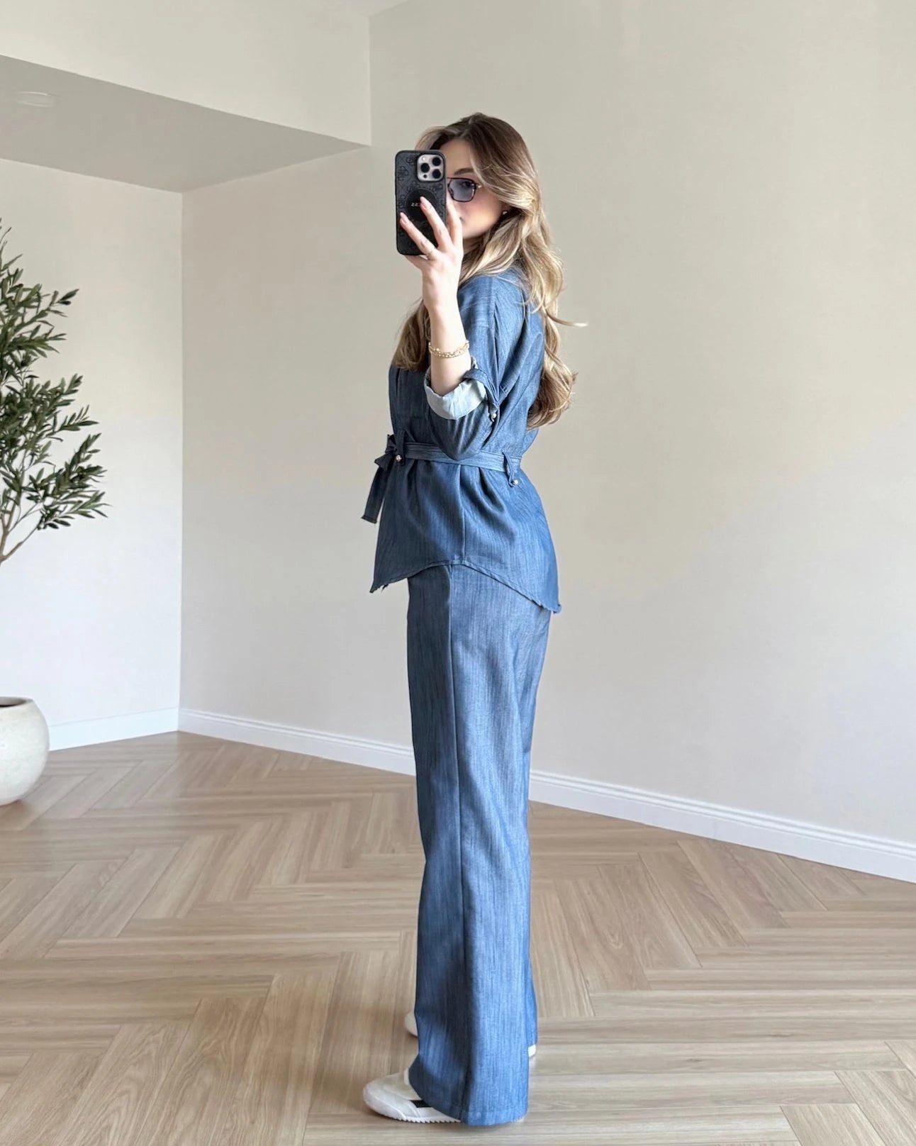 Gold Düğmeli Denim Takım - Mavi