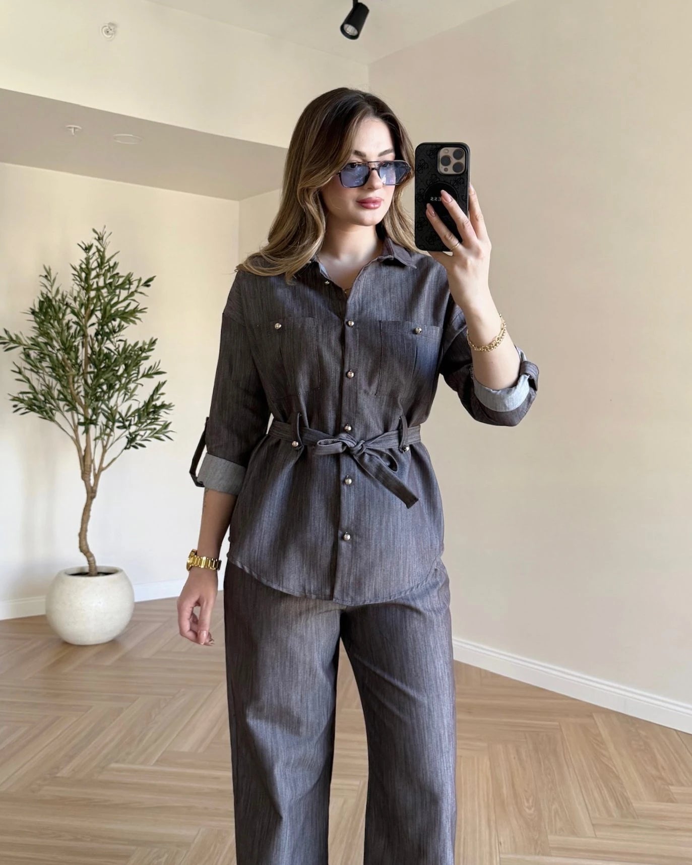 Gold Düğmeli Denim Takım - Kahve